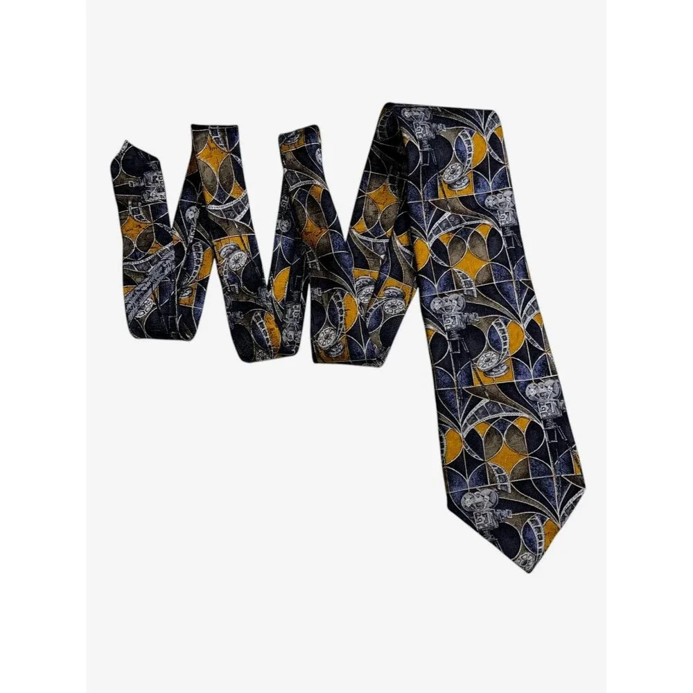 Ermenegildo Zegna Silk Tie Geometric Antique Movie Camera Film 3 3/4” x 59”